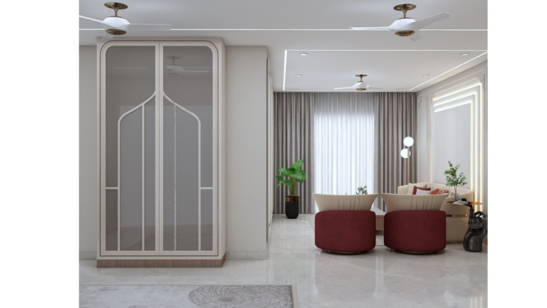 A modern Indian living room with a beige sofa, red accent chairs, a geometric rug, and a decorative wall panel. C