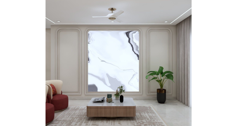 A modern Indian living room with a beige sofa, red accent chairs, a geometric rug, and a decorative wall panel. D