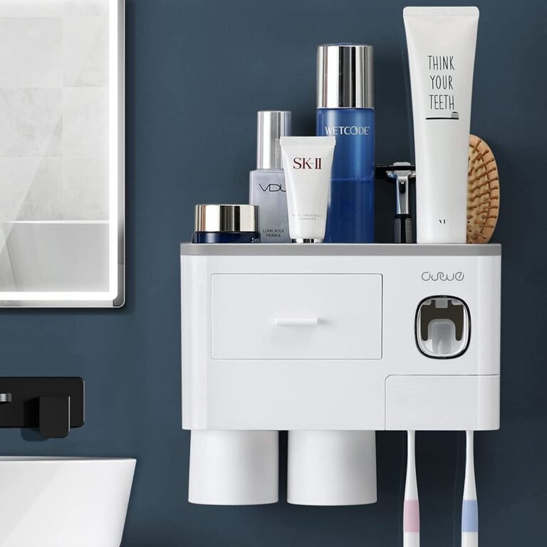 LXOICE Wall Mounted Toothbrush Holder Stand with Toothpaste Dispenser for Keeping Toothpaste, Cream, Lotion, Shampoo with 8 Toothbrush Holder Hook