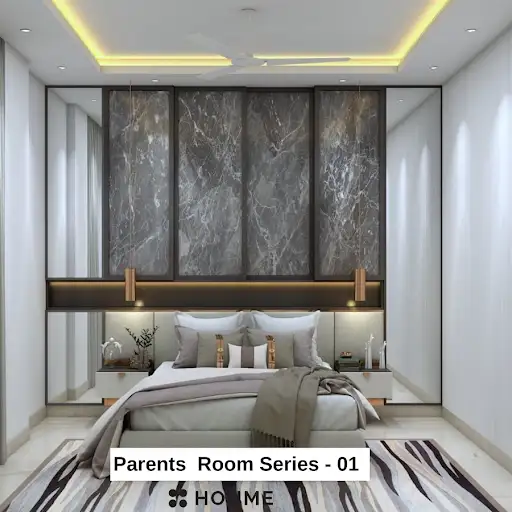 A modern and elegant parents' bedroom with a marble accent wall, a sleek platform bed, and warm accent lighting.
