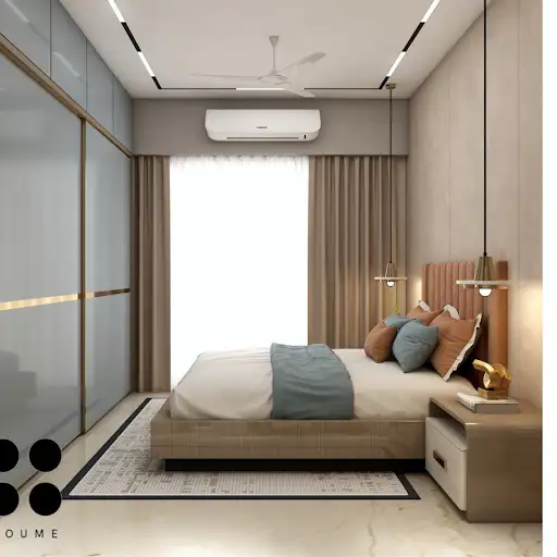 A modern and cozy bedroom with a warm color palette, featuring a cushioned bed, pendant lights, and a textured accent wall. B
