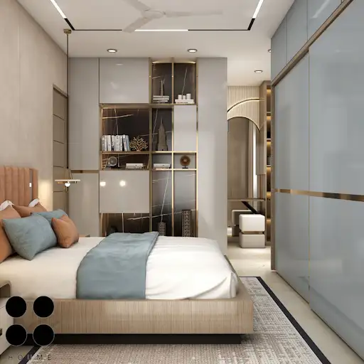 A modern and cozy bedroom with a warm color palette, featuring a cushioned bed, pendant lights, and a textured accent wall. C