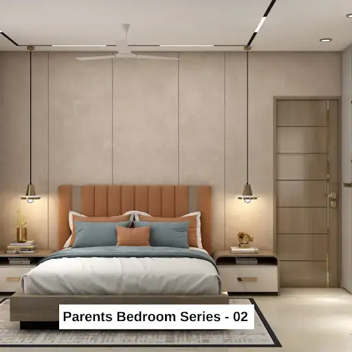 A modern and cozy bedroom with a warm color palette, featuring a cushioned bed, pendant lights, and a textured accent wall.