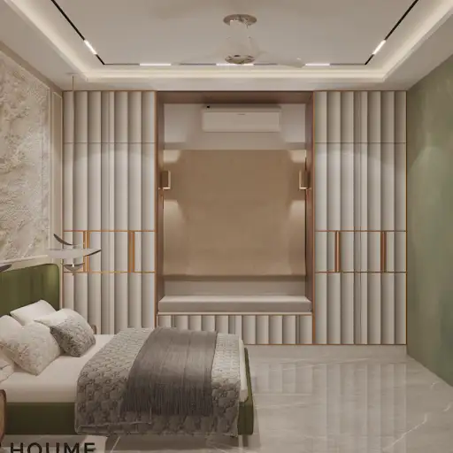 A modern bedroom design featuring a green upholstered bed, a textured stone accent wall, and pendant lighting C
