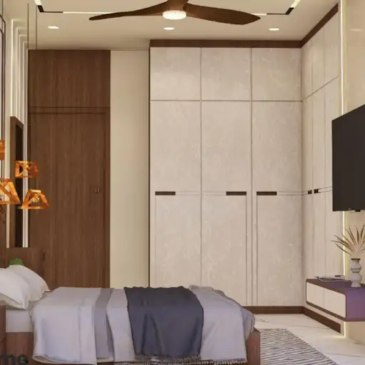 A modern bedroom design with a wooden bed, pendant lights, and a textured accent wall. B