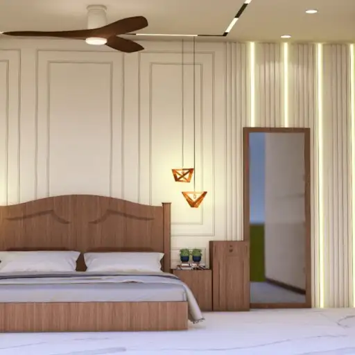 A modern bedroom design with a wooden bed, pendant lights, and a textured accent wall. C
