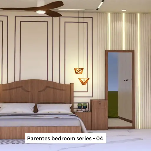 A modern bedroom design with a wooden bed, pendant lights, and a textured accent wall.