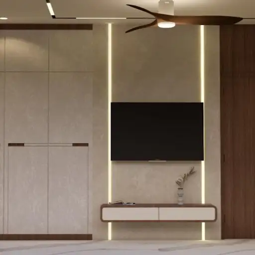 A modern bedroom design with a wooden bed, pendant lights, and a textured accent wall. D