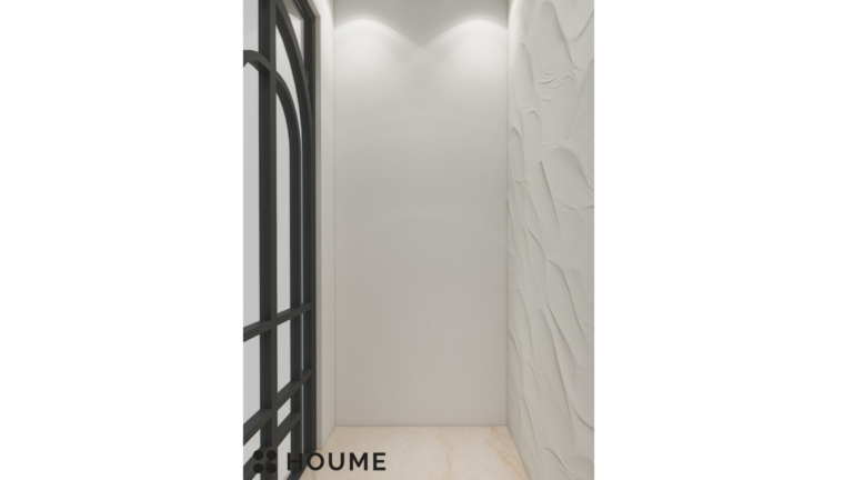 Modern Pooja room design with textured white walls, a teal and gold accent wall, and a black framed glass door. B