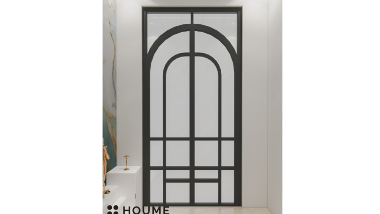 Modern Pooja room design with textured white walls, a teal and gold accent wall, and a black framed glass door. C