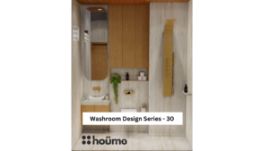 Modern minimalist washroom design with wood accents, gold fixtures, and a large shower panel. A