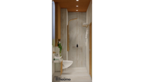 Modern minimalist washroom design with wood accents, gold fixtures, and a large shower panel. C