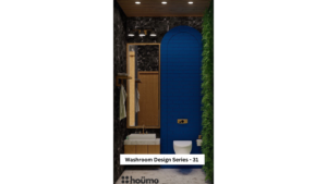 Modern washroom design with a blue arched door, marble walls, wood accents, and gold fixtures. A
