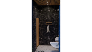 Modern washroom design with a blue arched door, marble walls, wood accents, and gold fixtures. B