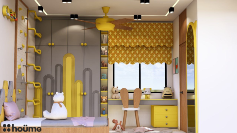 Modern children's bedroom with bunk bed, yellow accents, and honeycomb wall feature B