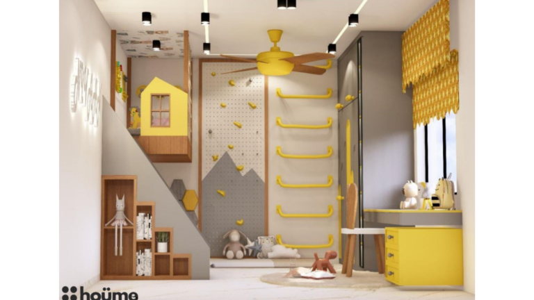Modern children's bedroom with bunk bed, yellow accents, and honeycomb wall feature C