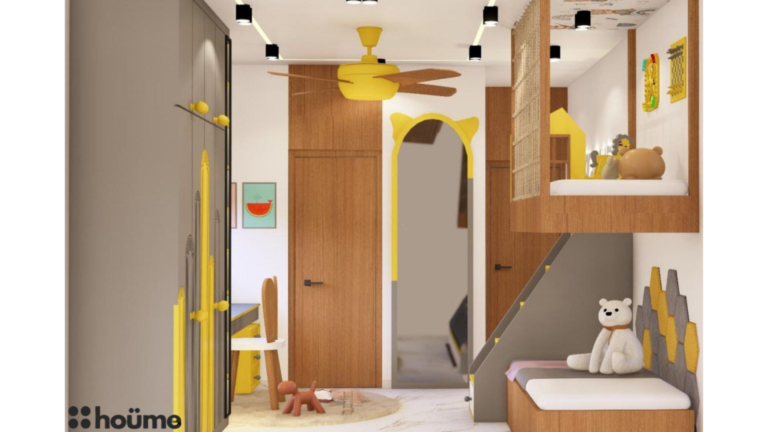 Modern children's bedroom with bunk bed, yellow accents, and honeycomb wall feature D