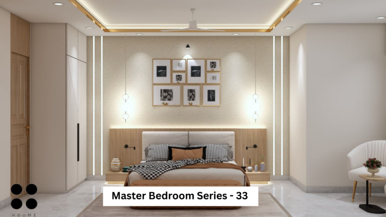 A modern master bedroom with a beige and wood color scheme, featuring a large bed with a headboard, pendant lights, and a photo gallery wall. A