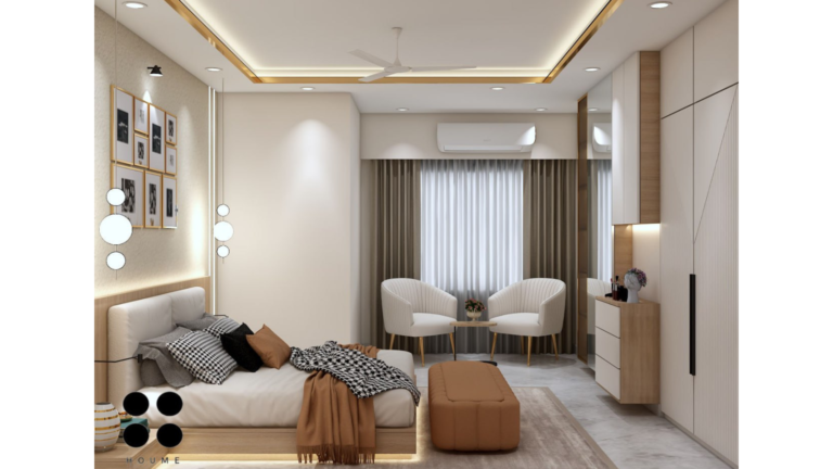 A modern master bedroom with a beige and wood color scheme, featuring a large bed with a headboard, pendant lights, and a photo gallery wall. B