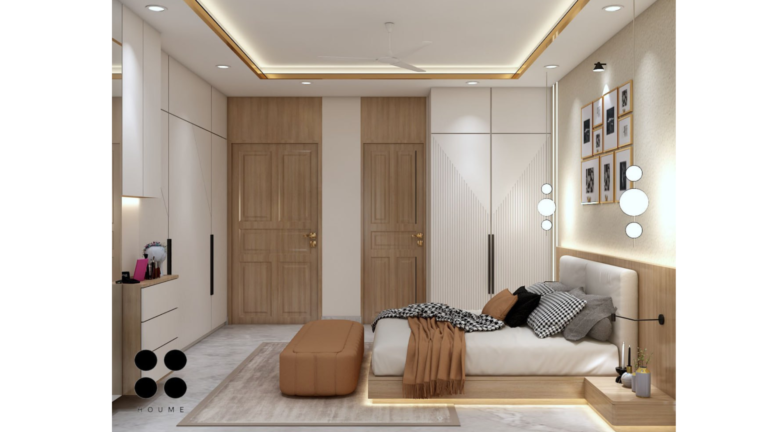 A modern master bedroom with a beige and wood color scheme, featuring a large bed with a headboard, pendant lights, and a photo gallery wall. C