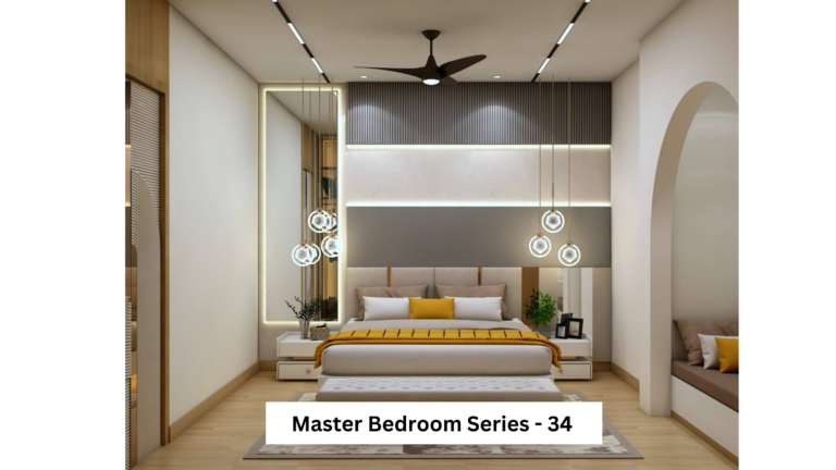 A modern master bedroom interior with a focus on a bed with a yellow throw, pendant lights, and a textured accent wall. A