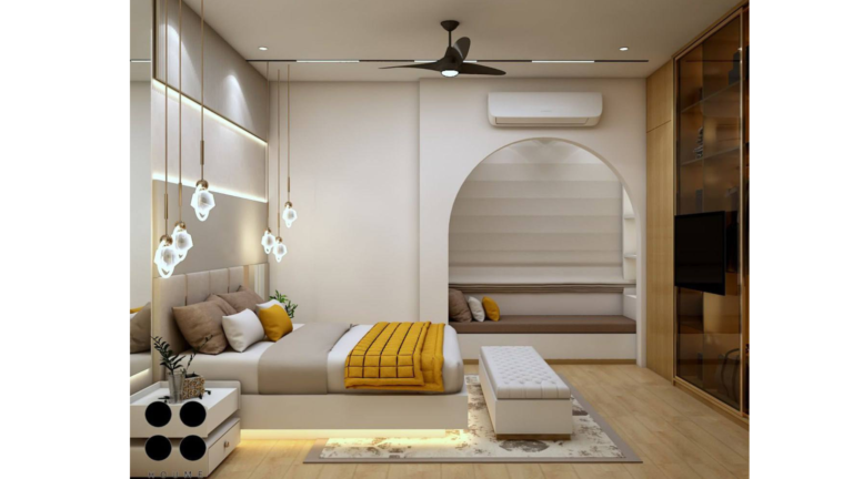 A modern master bedroom interior with a focus on a bed with a yellow throw, pendant lights, and a textured accent wall. B