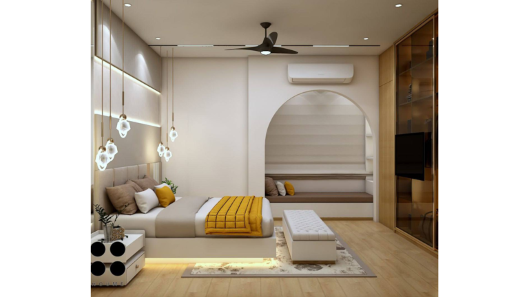 A modern master bedroom interior with a focus on a bed with a yellow throw, pendant lights, and a textured accent wall. C