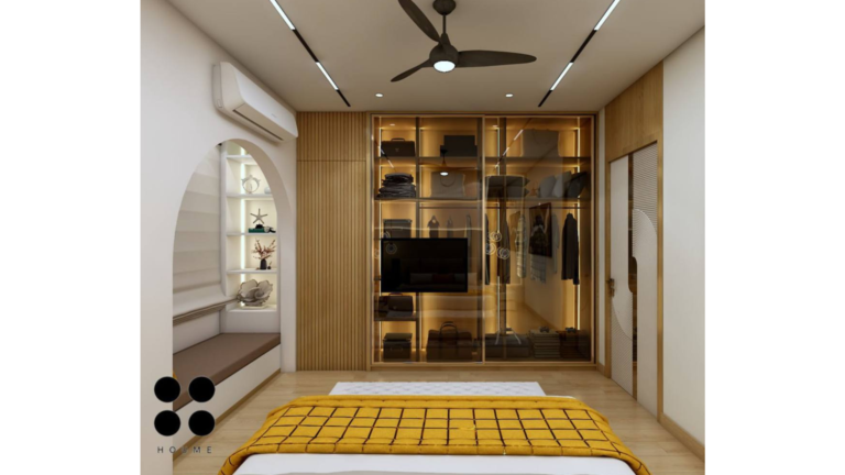 A modern master bedroom interior with a focus on a bed with a yellow throw, pendant lights, and a textured accent wall. D