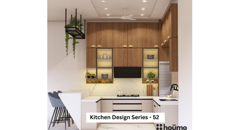 A modern U-shaped kitchen design with warm wood cabinetry, a white countertop, and integrated lighting. A