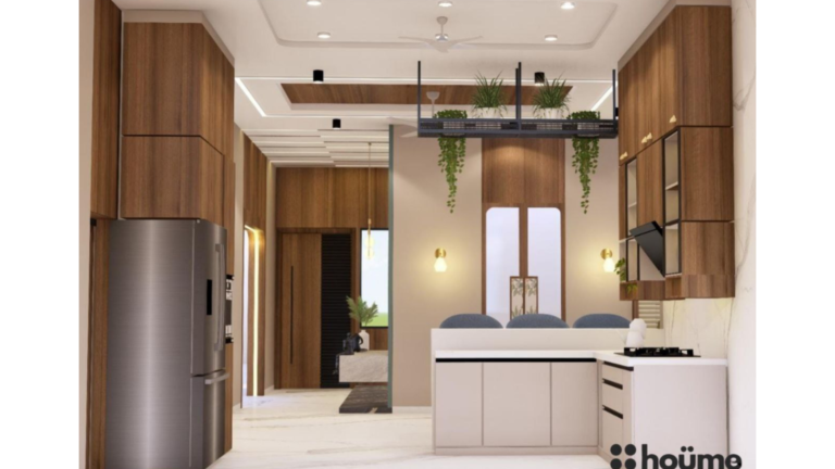 A modern U-shaped kitchen design with warm wood cabinetry, a white countertop, and integrated lighting. C