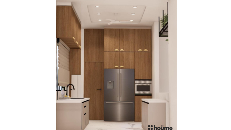 A modern U-shaped kitchen design with warm wood cabinetry, a white countertop, and integrated lighting. D
