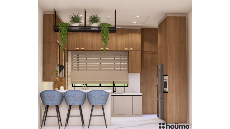 A modern U-shaped kitchen design with warm wood cabinetry, a white countertop, and integrated lighting. E
