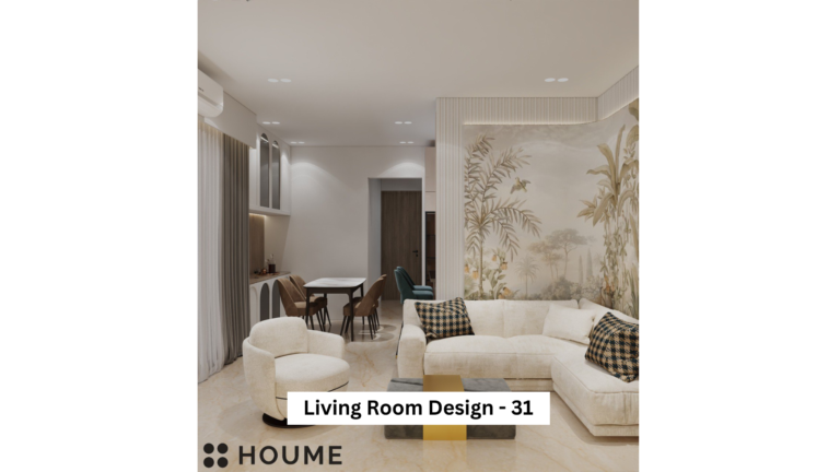 A modern living room interior with a white sectional sofa, patterned accent chairs, and a nature-inspired wallpapered wall. A