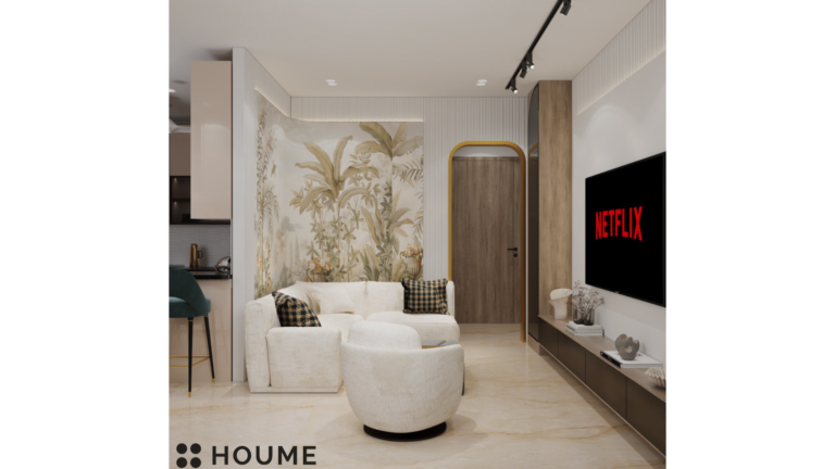 A modern living room interior with a white sectional sofa, patterned accent chairs, and a nature-inspired wallpapered wall. C