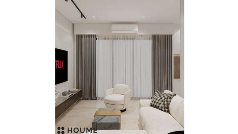 A modern living room interior with a white sectional sofa, patterned accent chairs, and a nature-inspired wallpapered wall. D