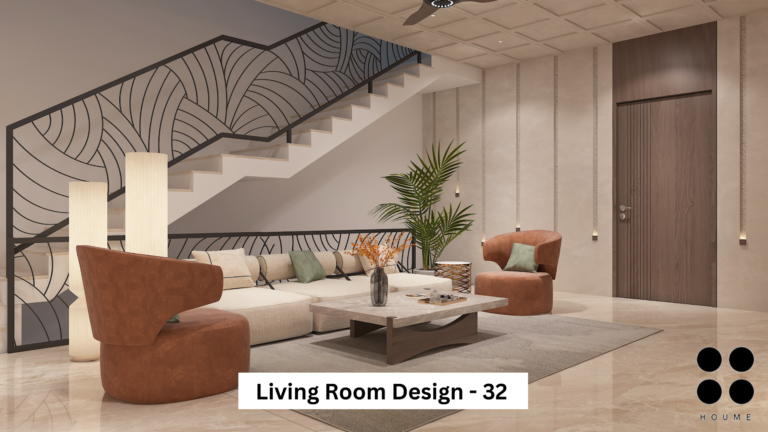 A modern living room interior with a staircase featuring an artistic railing, a comfortable seating arrangement, and a focus on warm tones A