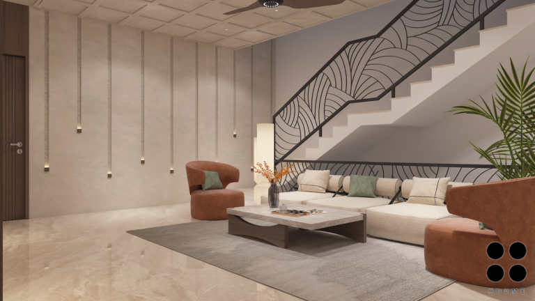 A modern living room interior with a staircase featuring an artistic railing, a comfortable seating arrangement, and a focus on warm tones B