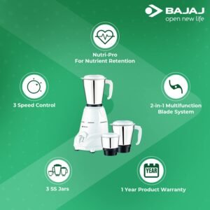 Bajaj Rex Mixer Grinder 500W|Mixie For Kitchen With Nutri-Pro Features|3 SS Mixer Jars For Heavy Duty Grinding|Adjustable Speed Control|Multifunctional Blade System|1 Year Warranty By Bajaj|White 3