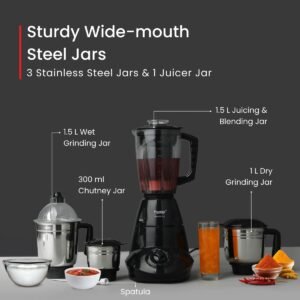 Prestige Iris Plus 750 W Mixer Grinder With 4 Jars (3 Stainless Steel Jars+ 1 Juicer Jar) 4 Super Efficient Stainless Blades 2 Years Warranty Black, 750 watts 2