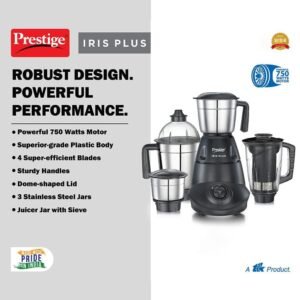 Prestige Iris Plus 750 W Mixer Grinder With 4 Jars (3 Stainless Steel Jars+ 1 Juicer Jar) 4 Super Efficient Stainless Blades 2 Years Warranty Black, 750 watts 6