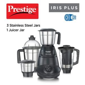 Prestige Iris Plus 750 W Mixer Grinder With 4 Jars (3 Stainless Steel Jars+ 1 Juicer Jar) 4 Super Efficient Stainless Blades 2 Years Warranty Black, 750 watts 7
