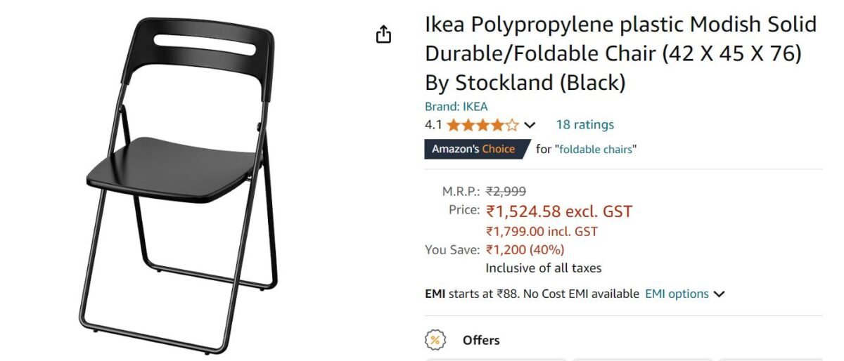 Ikea Polypropylene plastic Modish Solid Durable/Foldable Chair (42 X 45 X 76) By Stockland (Black)