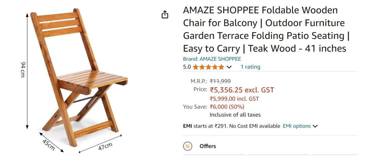 AMAZE SHOPPEE Foldable Wooden Chair for Balcony | Outdoor Furniture Garden Terrace Folding Patio Seating | Easy to Carry | Teak Wood - 41 inches