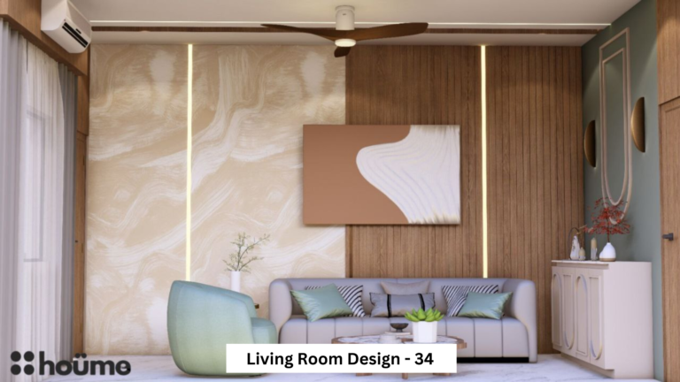 A modern living room design with a beige marble feature wall, wooden accents, and a teal armchair. A