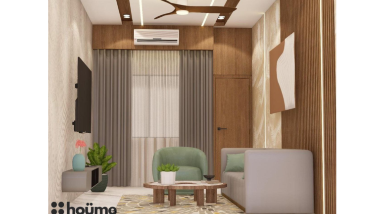 A modern living room design with a beige marble feature wall, wooden accents, and a teal armchair. B