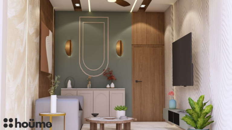 A modern living room design with a beige marble feature wall, wooden accents, and a teal armchair. C