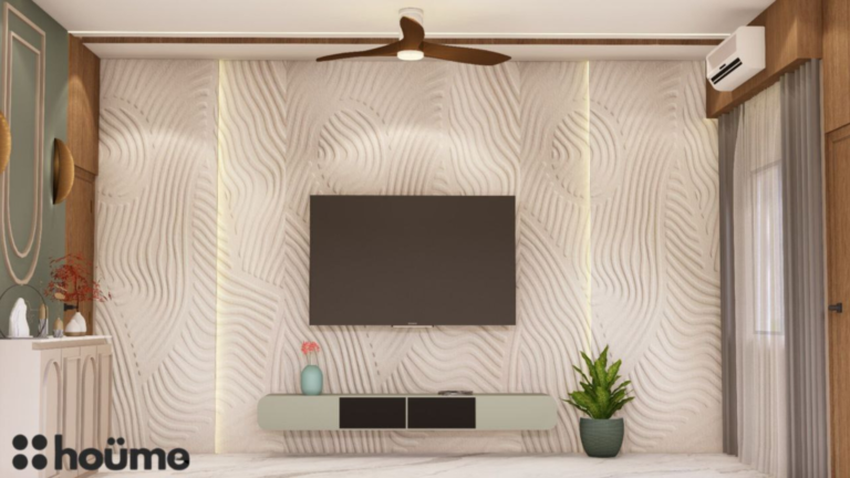 A modern living room design with a beige marble feature wall, wooden accents, and a teal armchair. D