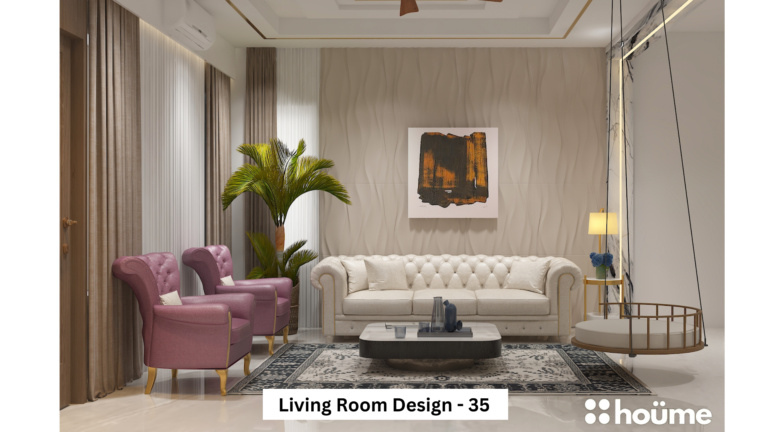 A modern living room with a white tufted sofa, two purple accent chairs, and a hanging swing chair. A
