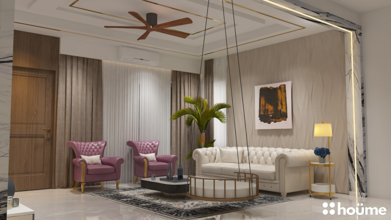 A modern living room with a white tufted sofa, two purple accent chairs, and a hanging swing chair. B