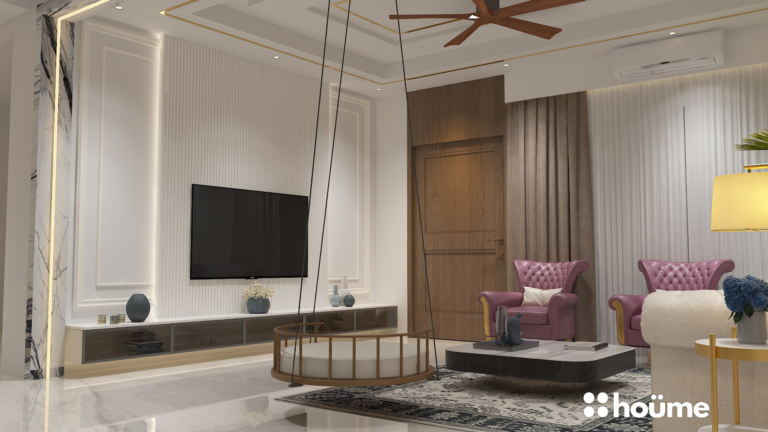 A modern living room with a white tufted sofa, two purple accent chairs, and a hanging swing chair. C